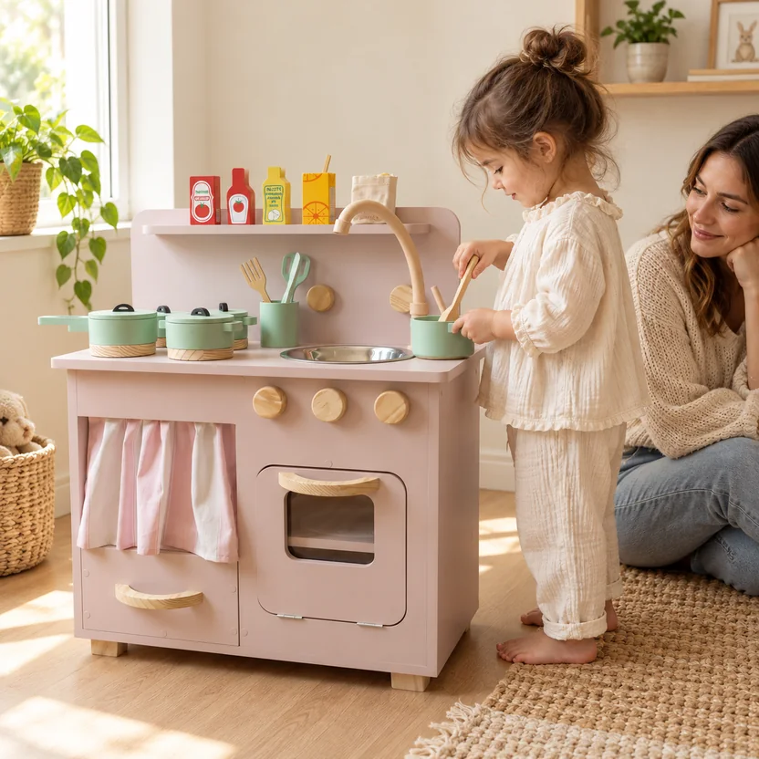 Cena ilustrativa de criança brincando com a cozinha infantil rosa, acompanhada pela mãe.