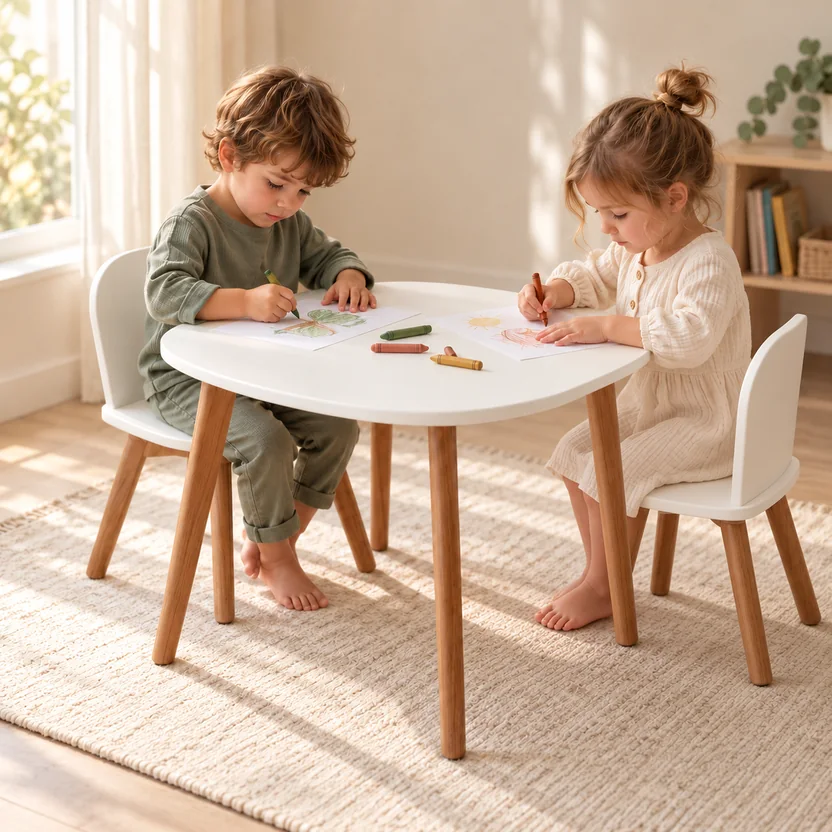 Cena ilustrativa de duas crianças desenhando à mesinha Montessori branca com duas cadeiras.